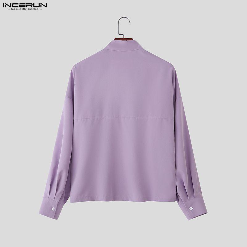 INCERUN Oversized Men Lapel Neck Long Sleeve Casual Loose Short Shirts Tops