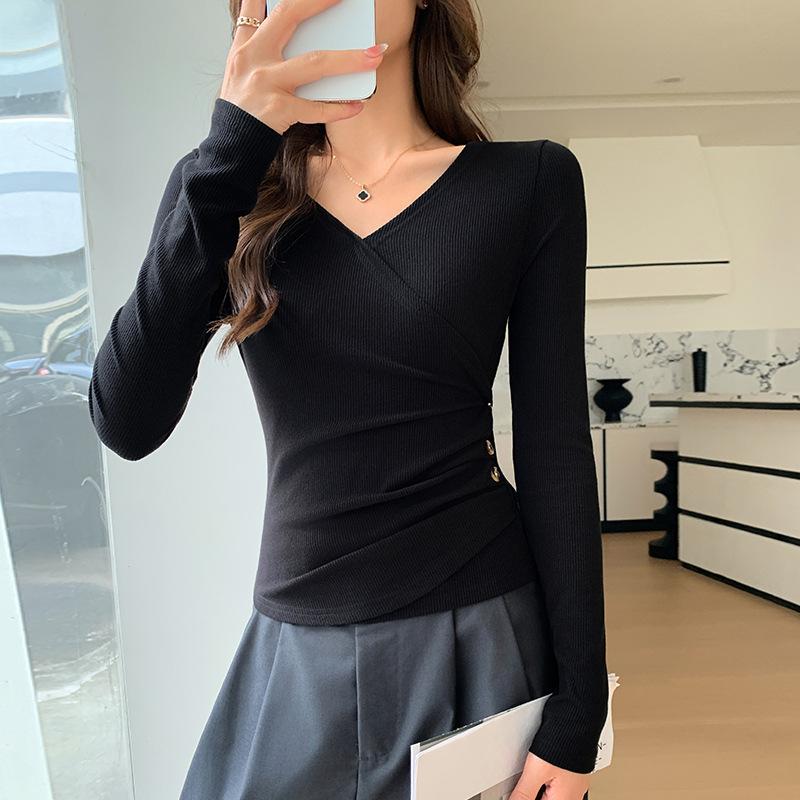 

Long-sleeved shirt women s autumn and winter new threaded inner button-up pleated slim-fitting top bottoming shirt S fits 80-47.5 kg чёрный