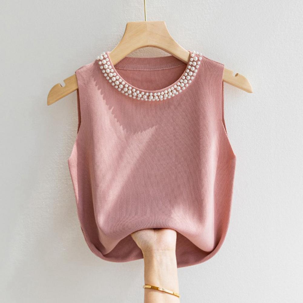 Women's Knitted Vest, Round Neck, Sleeveless, Faux Pearls Decor, Tank Tops, Slim Fit, Monochromatic, Stretchy