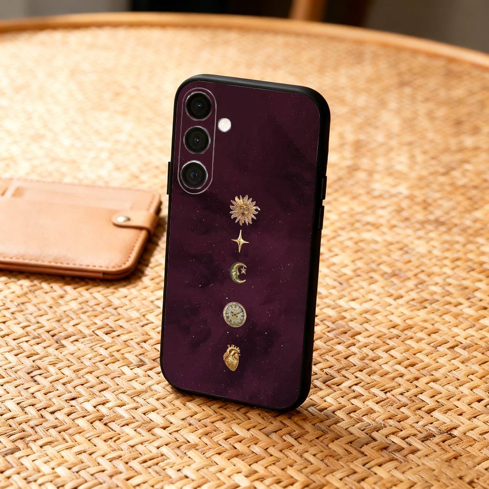 Gilded Sun and Moon Phone Case For Samsung A73,72,71,A52,51,40,41,A22,A32,31,A13, Soft Black Shell