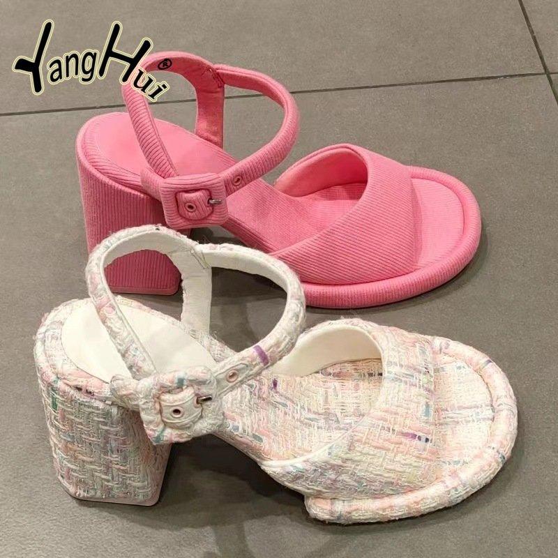 Elegant Temperament Party Thick  High Heels Pumps 2024 New Fashion Exposed Toes Non-slip Printing Women's Sandals Summer