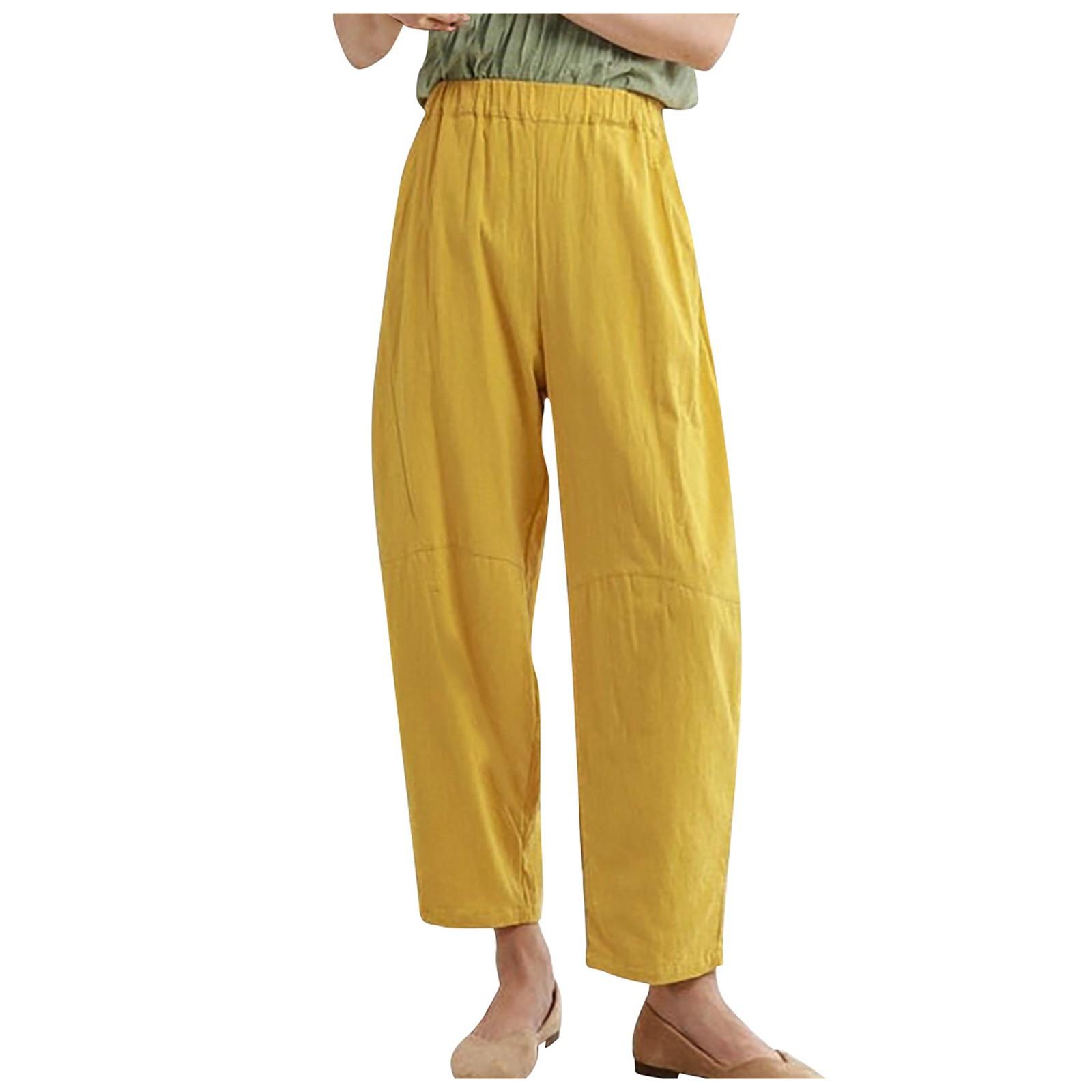 

Женские однотонные повседневные брюки из хлопка и льна большого размера со свободными карманами XXXL жёлтый