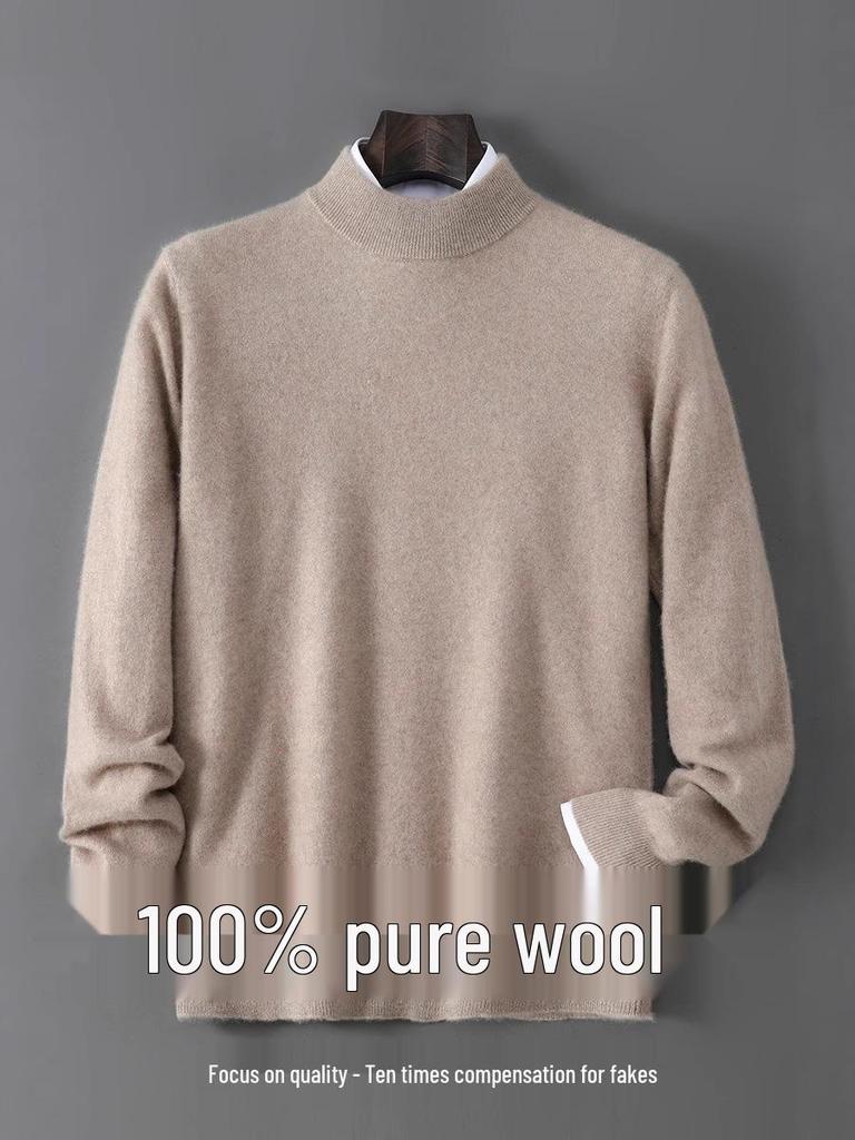 Men's 100% Pure Wool Half-High Neck Sweater - Solid Color, Business Casual Knit Base Layer Top