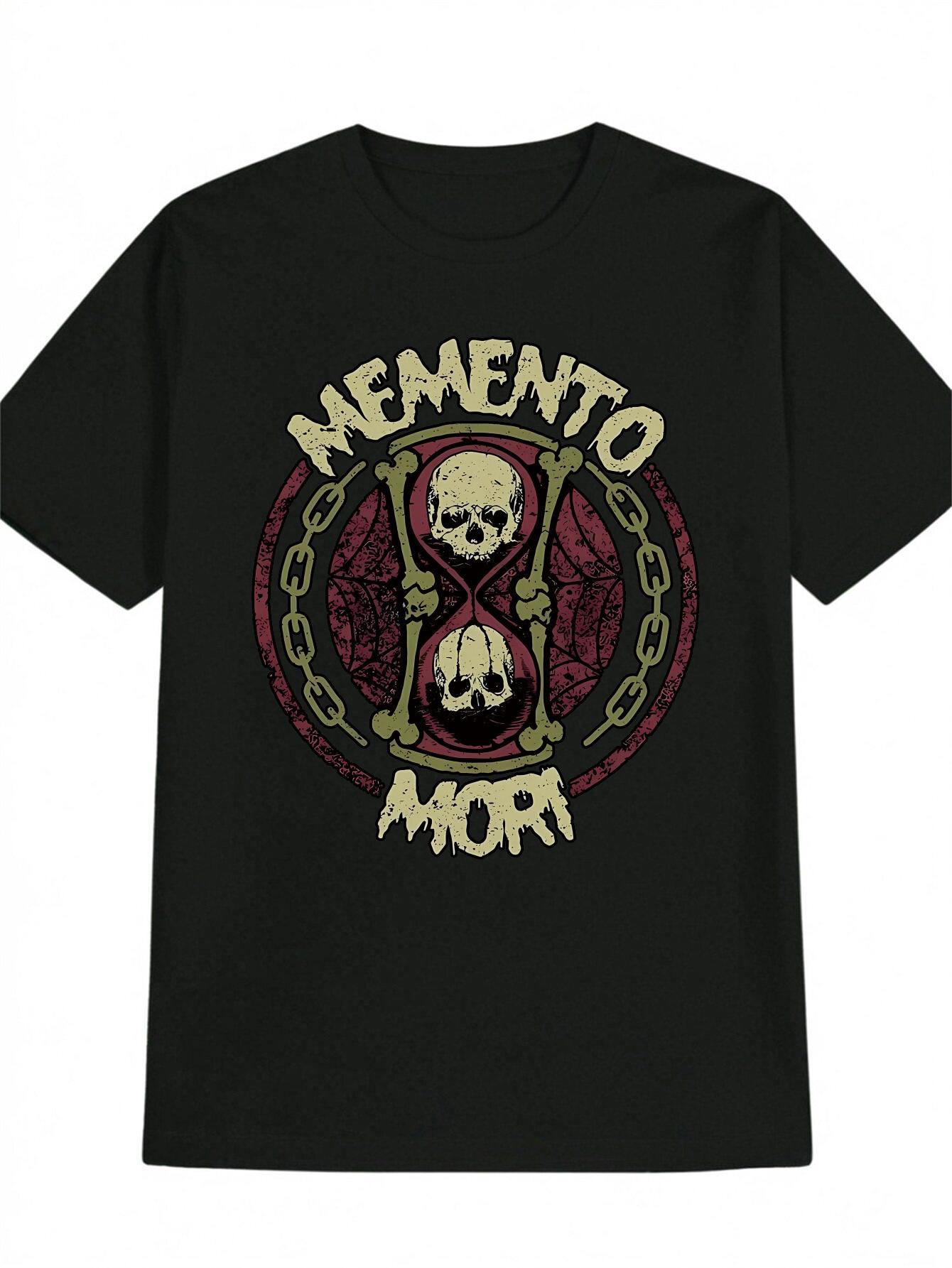 

Casual Graphic T-shirt with Skull Hourglass & Memento Mori Print - Black Round Neck Summer Tee XXL