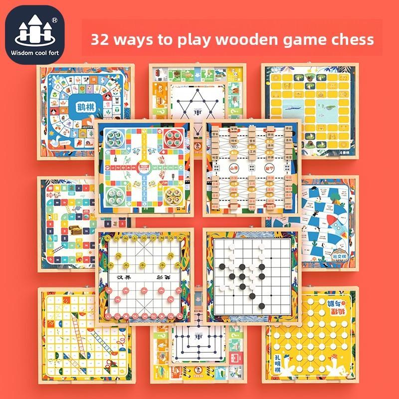 Wooden Toy Childrens Set With 32 In 1 Puzzle Board Games For Home Play And Learn