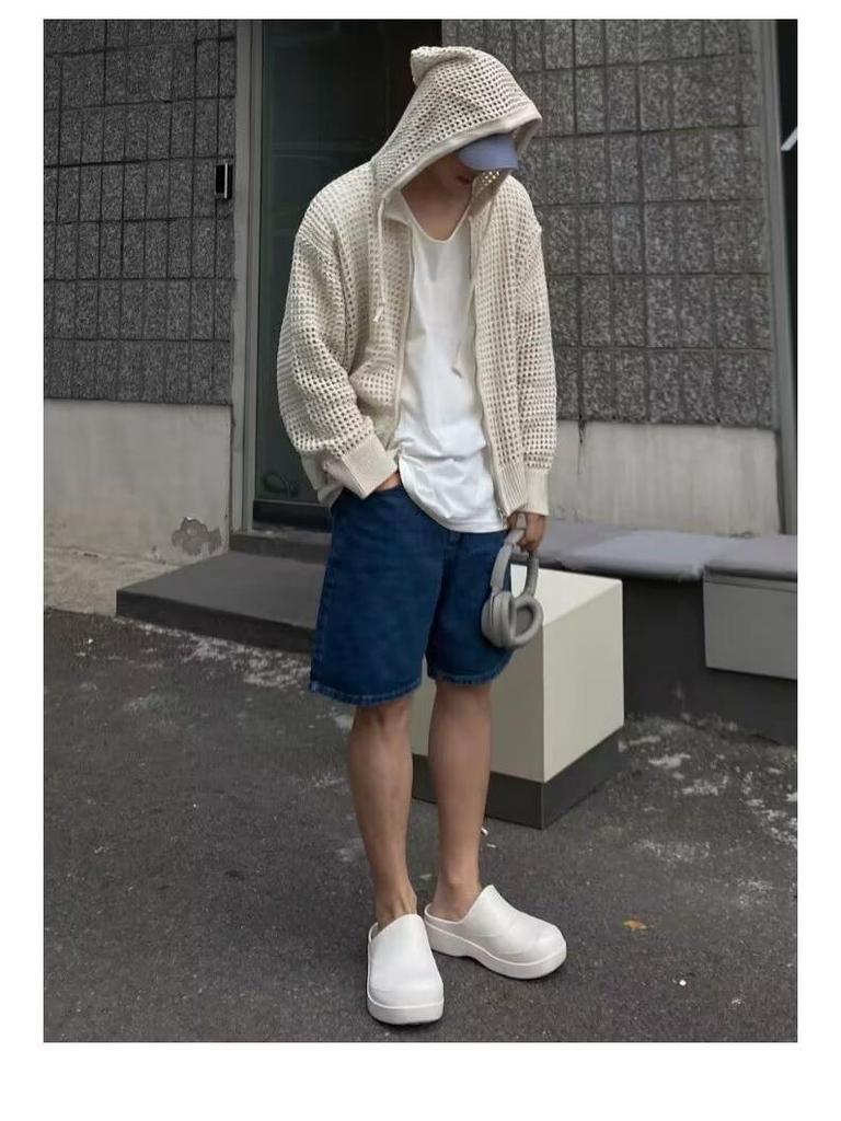 Men's High-Grade Hooded Cardigan - Lightweight Knitted Sweater, Sun-Protective, Hollow Design for Couples.