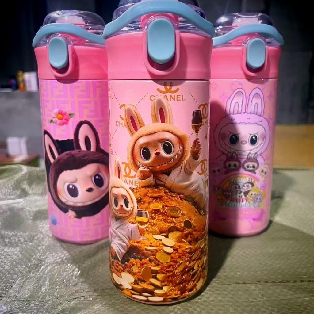 Hüpfbecher Thermobecher Hochwertig Niedlich Cartoon 3D Musterdruck Tragbarer Strohhalm Doppelwandiger Trinkbecher