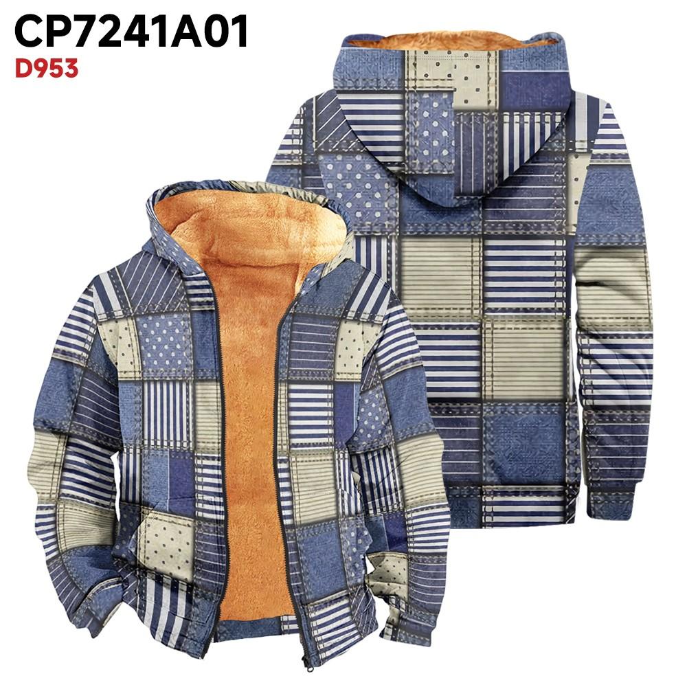 Men's Print Long Sleeve Pocket Coat Fashion Plus Velvet Overcoat