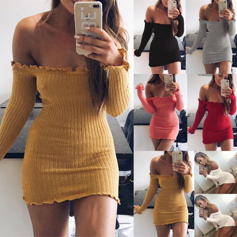 Cotton Solid Color Bodycon Dress With Long Sleeve And High Waist For Women
