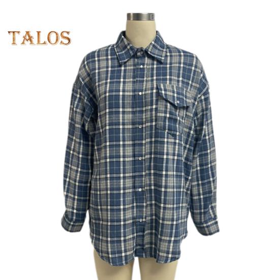 Women Shirt Lapel Long Sleeve Plaid Print Shirt with Flap Pocket Loose Fit Buttons Placket Mid-length Shirt