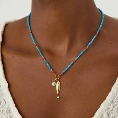 Pulsera de Colores de Moda con Cuentas Cadena para Clavícula de Acero de Titanio Colgante de Pez Dorado Diy Galvanizado al Vacío en Horno Dorado