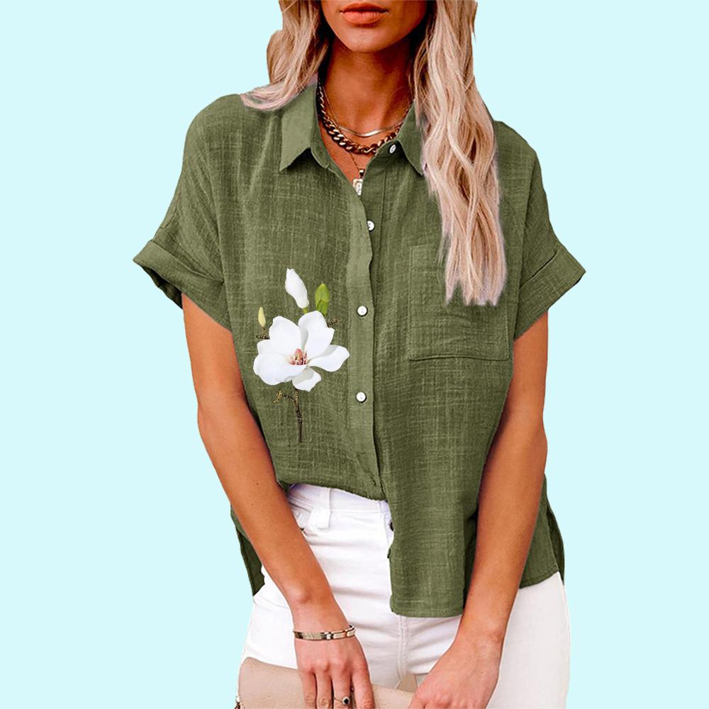 Plus Size Women Fashion Floral Print Blouse Casual Linen T-shirt Ladies Loose Buttoned Short Sleeve Shirt