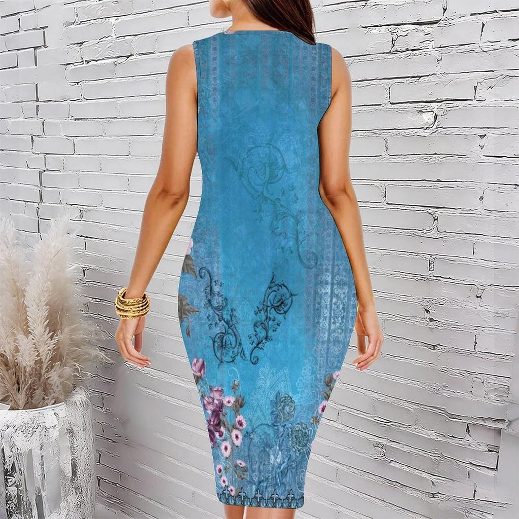 Women Plus Size Sleeveless Round Neck Midi Bodycon Dress Green Vintage Ornate Floral Scroll Print Slim Fit Dress