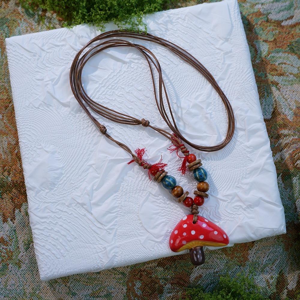 Hand-painted Mushroom Pendant Necklaces Small Flower Sweater Chain Necklaces Gift