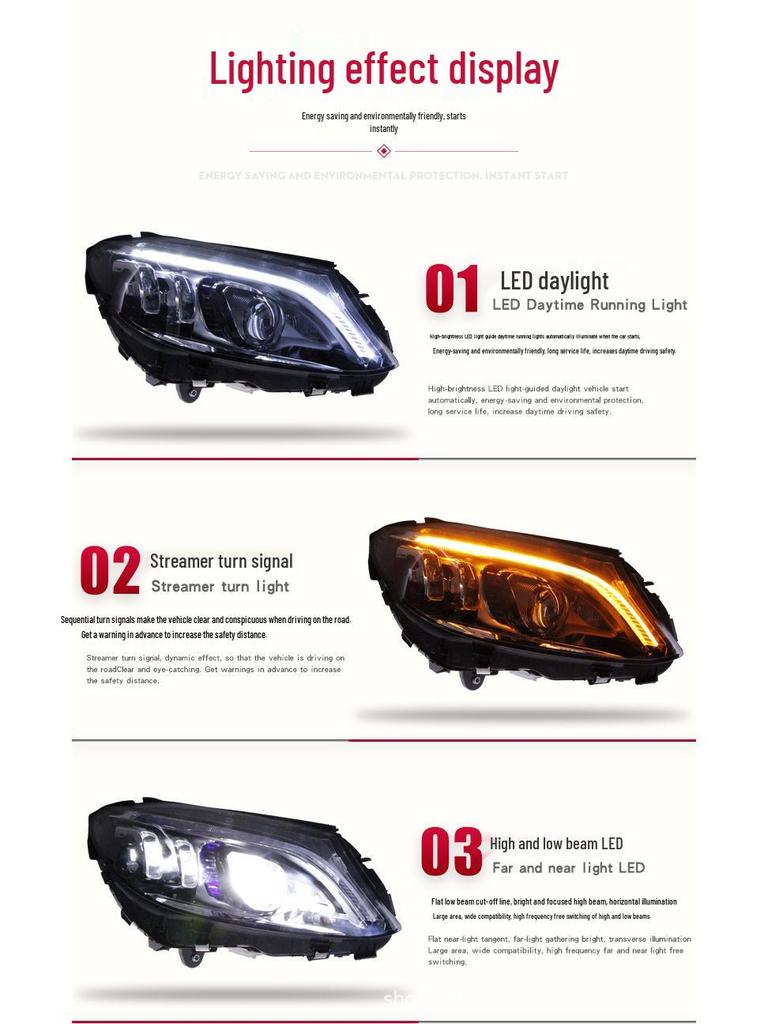 Compatible Headlight Assembly for 2014-2018 Mercedes-Benz C-Class W205 C180/C200 with Upgraded Flowing Turn Signal