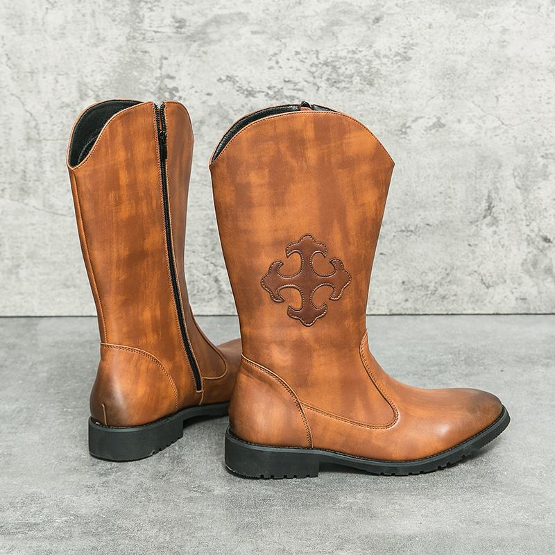 Høye menn, vestlige cowboystøvler, motorsykkel, fritidsstøvler, brune, punkstøvler i skinn Street Style, støvler i større størrelse