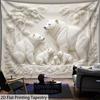 White Bear Family Scene Tapestry Snow Forest Background Animal Art Wall Hanging for Living Room or Bedroom Decoration
