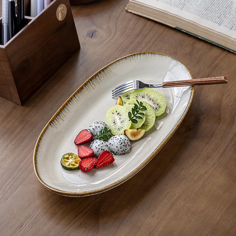 12-Inch Oval Fish Plate Retro Kiln-Changed Ceramic Fish Plate Household Steamed Fish Plate Sushi Plate Export