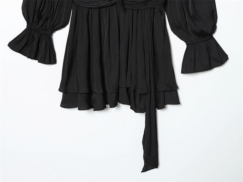 European American Style Autumn 2025 Lace-up Waist Long-Sleeved Dress