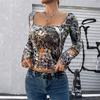 Damen Herbst und Winter Y2k Hot Girl Bedrucktes Leopardenmuster Langärmeliges Damen Hals Slim T-Shirt