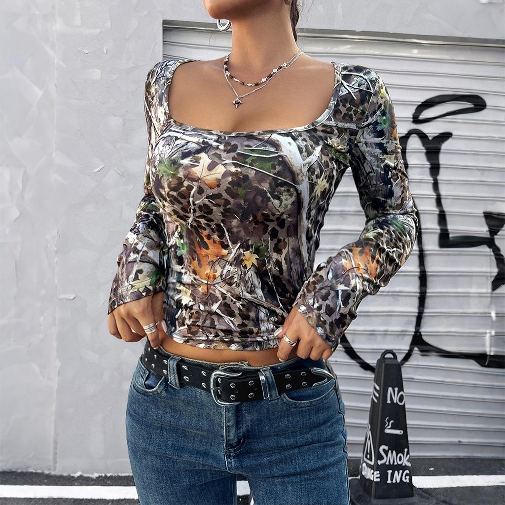 Damen Herbst und Winter Y2k Hot Girl Bedrucktes Leopardenmuster Langärmeliges Damen Hals Slim T-Shirt