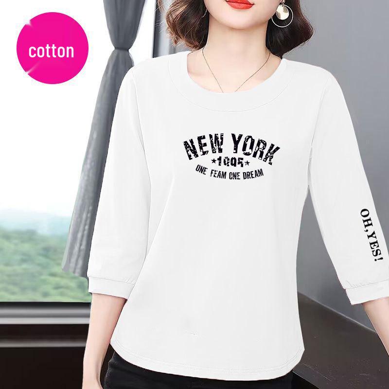 2025 Women's Korean Style Cotton Seven-Sleeve T-Shirt: Summer Casual, Loose, Slimming, Versatile Belly-Covering Top