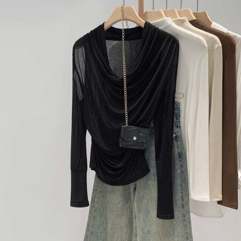 

Pleated Swing Collar Long Sleeve T-shirt - Women s Unique Winter 2026 Design L чорний