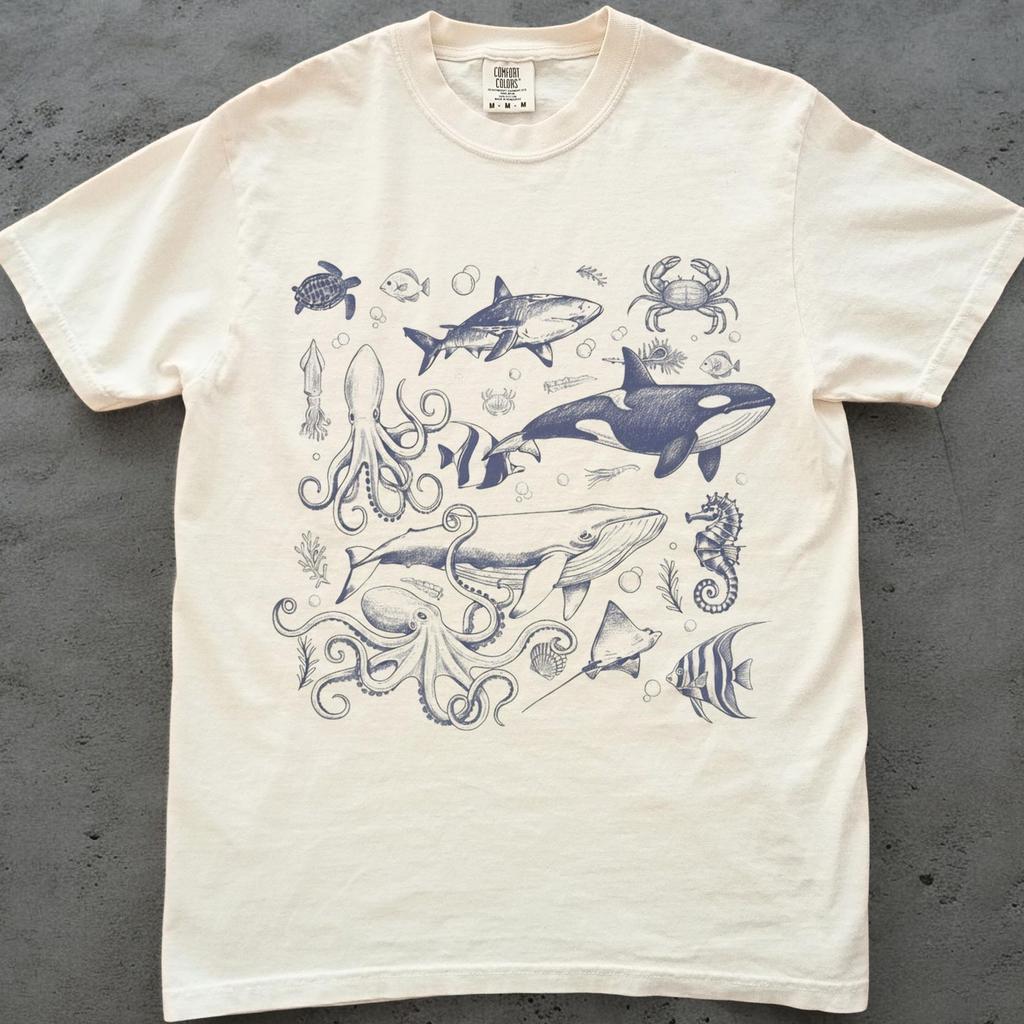 Sea Animals Shirt, Ocean Life Graphic Tee, Unisex Comfort Colors Tee, Marine Biology Shirt, Ocean Lover Gift, Whale Shark Octopus Tee