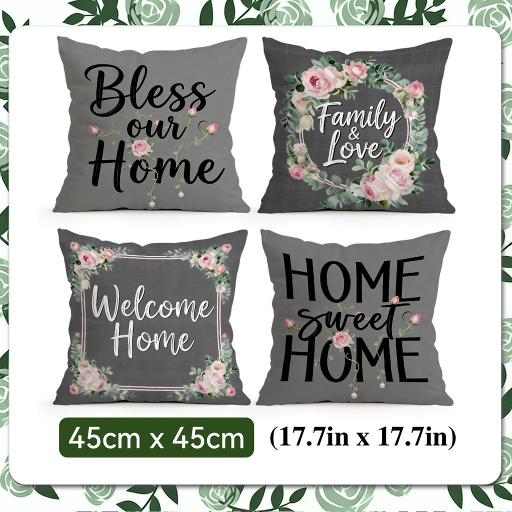 4 Pcs Monochrome Grey Floral Words Single-Sided Printed Pillowcase Cushion Cover,Suitable For Living Room,Bedroom,Car Decoration