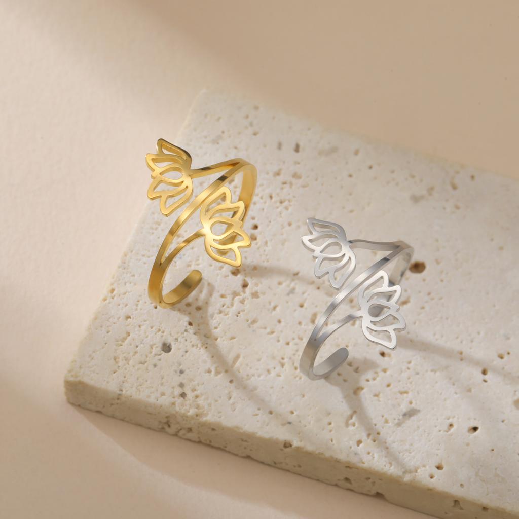 Fashionable hollow double lotus opening ring stainless steel irregular minimalism Bohemian lotus eternal ring yoga couple gift