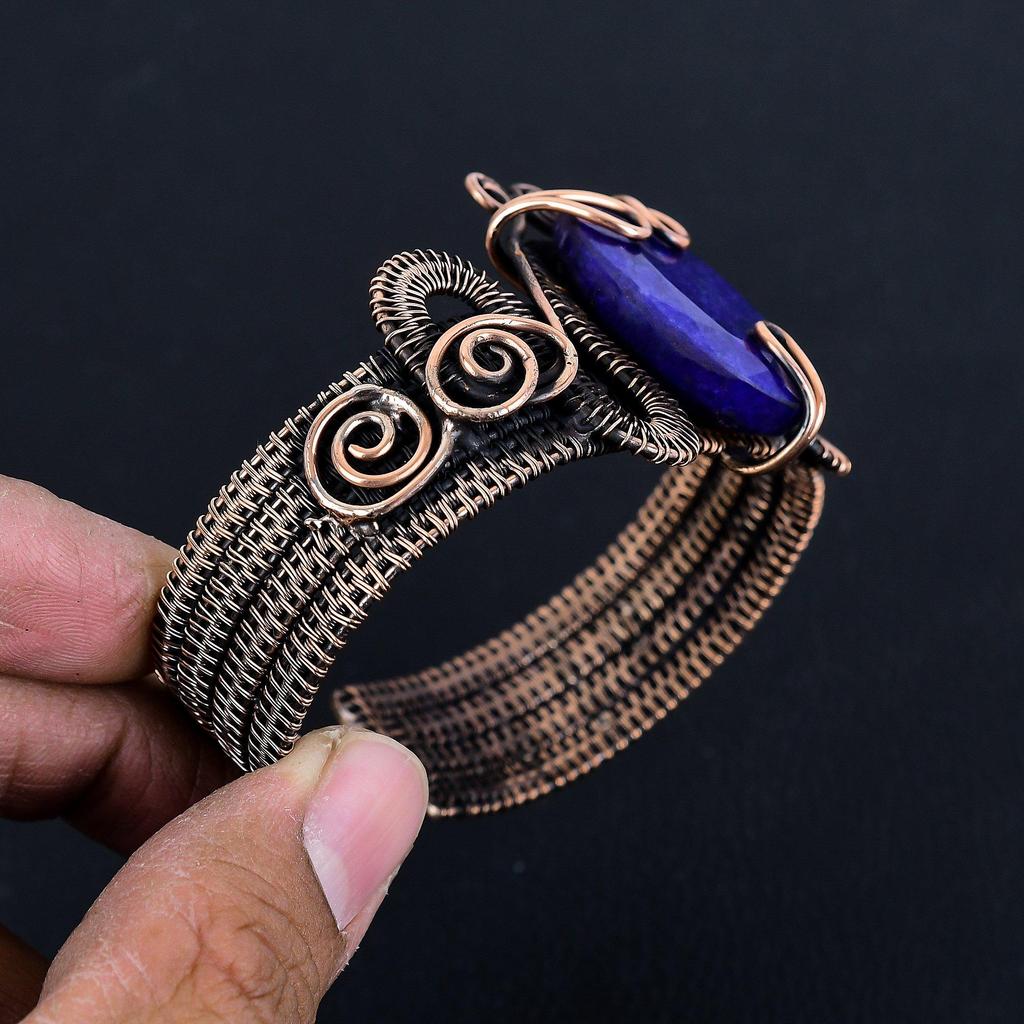 Blue Sapphire Bangle, Handmade Gemstone Bangle, 999 Copper Wire Wrapped Antique Jewelry, For Engagement Gift