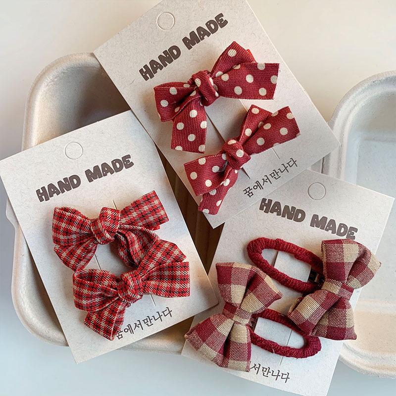 Korean Red Plaid & Flower Bow Kids' Polka Dot Fabric Hair Clips