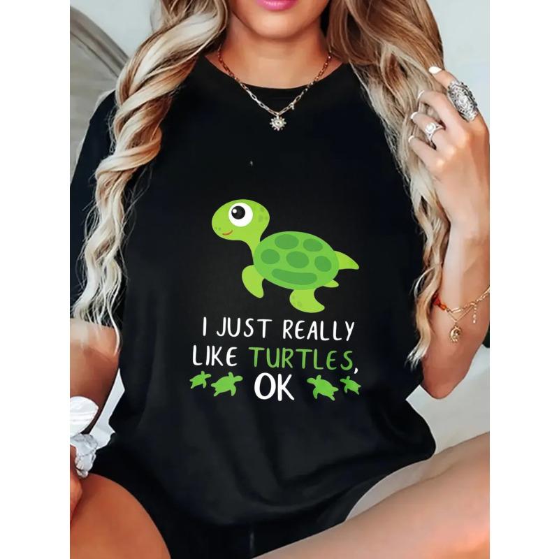 Cute Turtle Print T Shirt Black I Just Really Like Turtles Ok Graphic Tee For Women Casual Summer Outfit Beach Wear