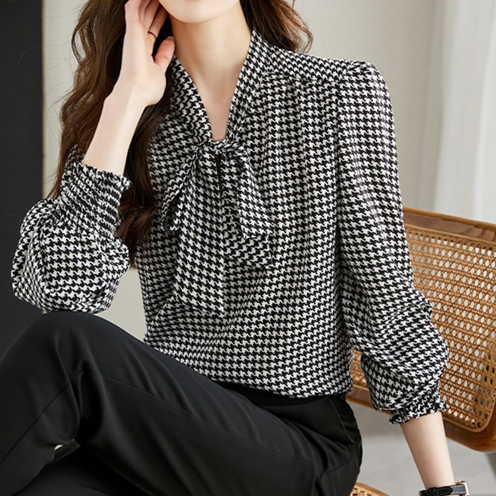 Bidason Hahnentritt Langarm mit und Elegant Ballonärmel Locker Perfekt für Alltag und Winter Damenbluse, Band, Stilvoll, Elegant, Niedlich, Ärmel,