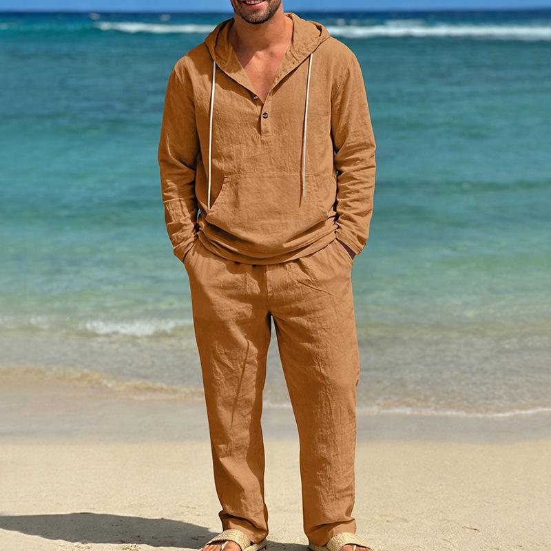 

Plain-coloured men’s four-season linen casual loose-fit henley-style hooded long-sleeved cardigan and trousers set XXXL