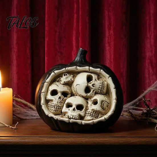 Decorative Pumpkin Skulls Halloween Skull Figurine, Realistic Resin Skeleton Statue Decorations, Spooky Gothic Home Accents Desktop Ornaments