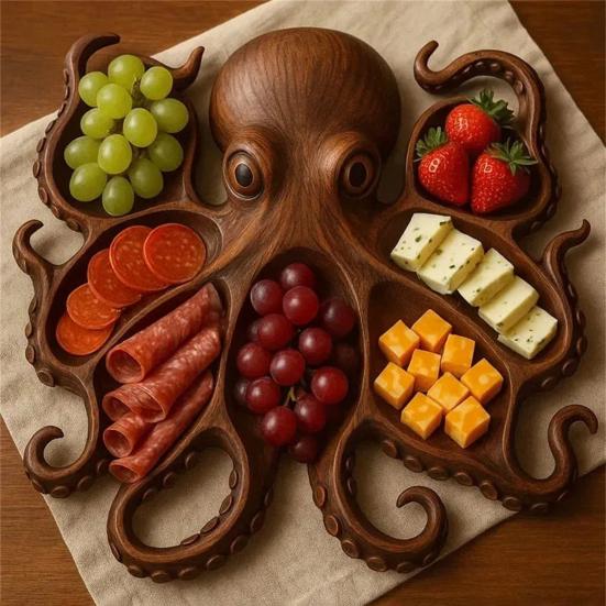 Octopus Charcuterie Platter with Fork Ocean Themed Cheese Board Tray for Meat Cheese Fruit Seafood Wood Serving