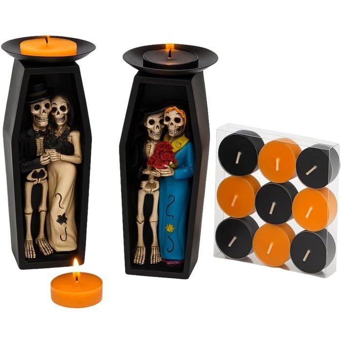 Grand Bougeoir Halloween 18cm en Forme de Cercueil avec Squelettes Couleur Aléatoire et 9 Bougies Chauffe Plats
