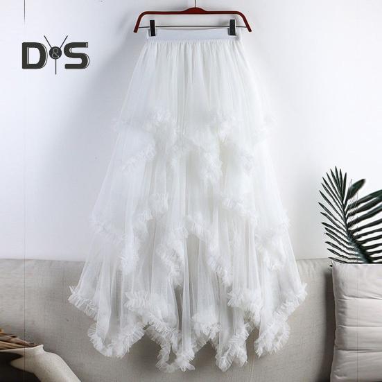 Dámská dortová sukně s polovičním pasem, elastickým pasem, nepravidelným lemem, midi sukně, jednobarevná, síťovaná, kolová, dlouhá sukně, pro každodenní nošení