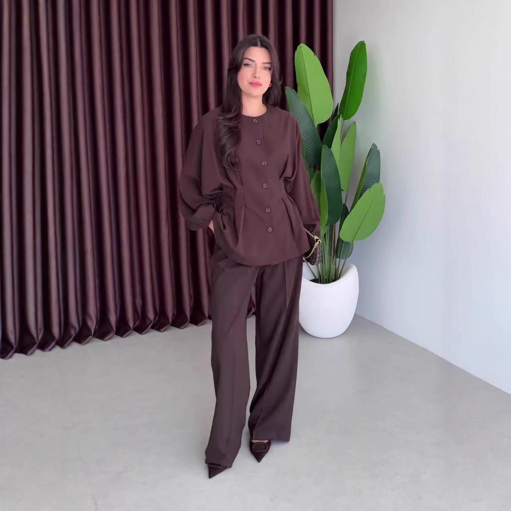 2025 Autumn Women's Round Neck Long Sleeve Waist-Tied Single-Breasted Wide Leg Pants Set