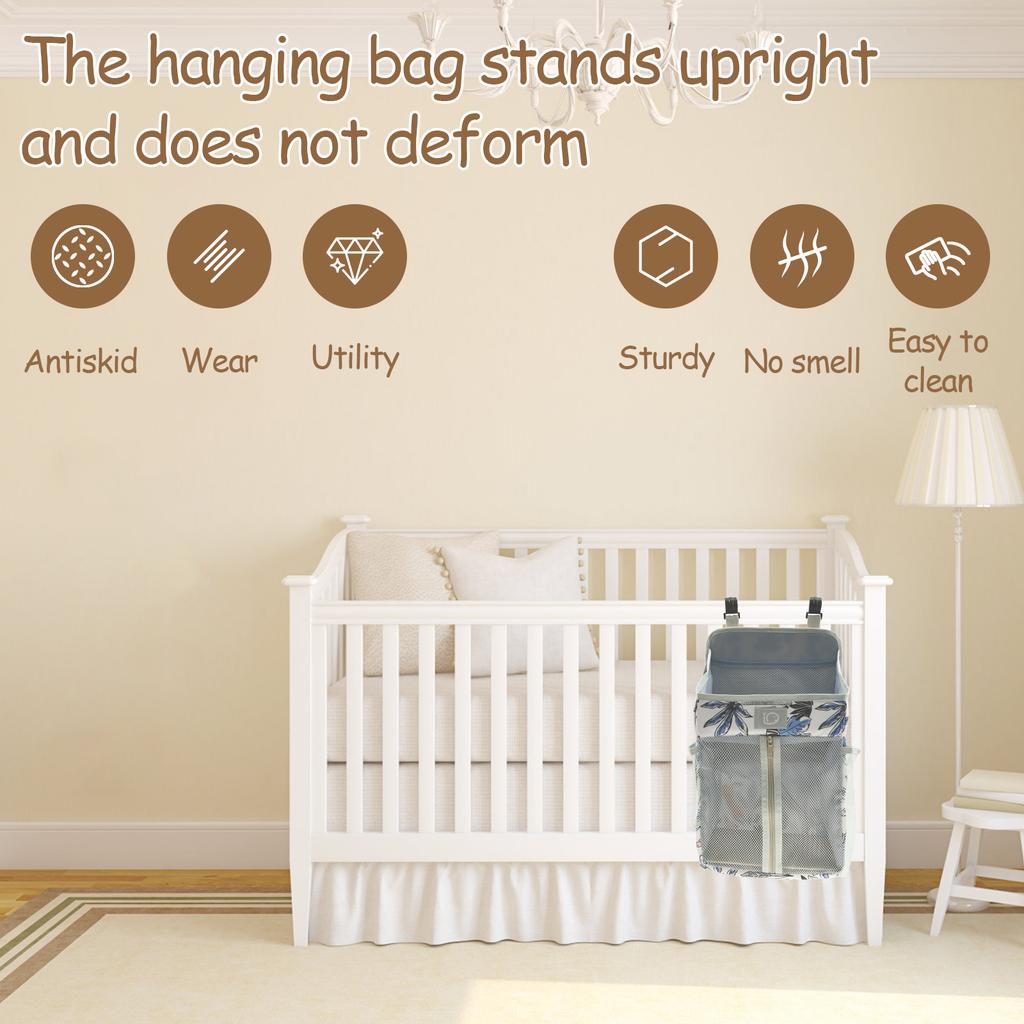 Baby Crib Hanging Caddy Organizer Oxford Cloth Baby Diaper Hanging Bag with 2 PP Boards Multi Pocket Baby Product Storage Bag