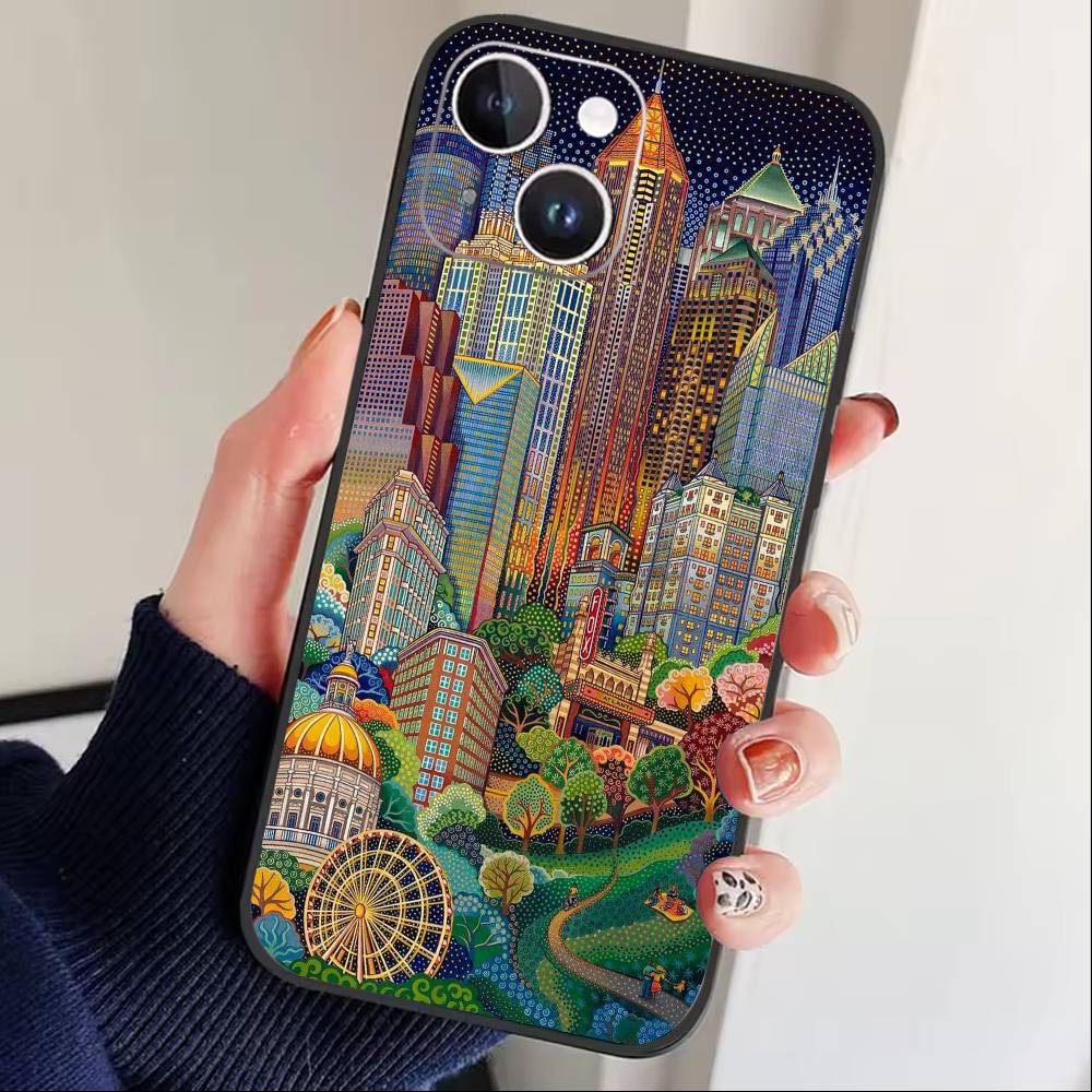 Starry Night Whimsical landscape Phone Case For iPhone 16,15,14,13,12,17,Pro Max,Plus Silicone Black Case