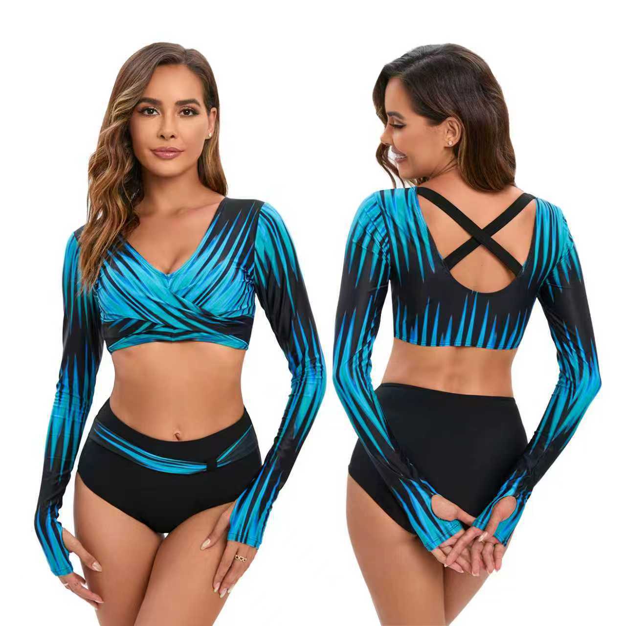 

Купальник для серфинга с длинными рукавами, раздельный, солнцезащитный, женский, модный, гидрокостюм для дайвинга S синий