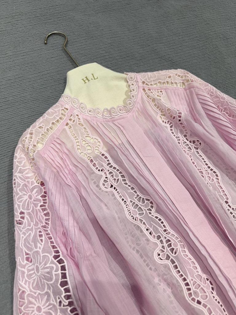2026 Spring French White Lace Shirt with Loose Lantern Sleeves and Hollow Embroidery