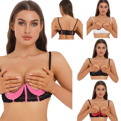 Womens Floral Lace Underwire Bra Patent Leather 1/3 Cup Design Adjustable Straps Honeymoon Lingerie Gift