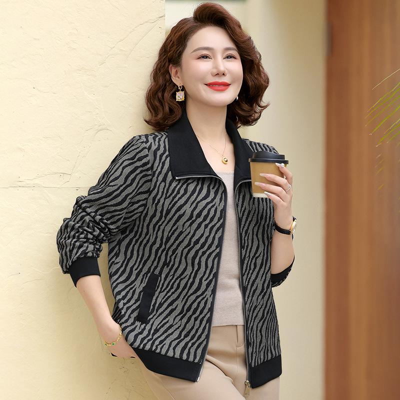 Middle-aged Women's Striped Long-sleeve Turn-down Collar Casual Jacket for Spring and Autumn