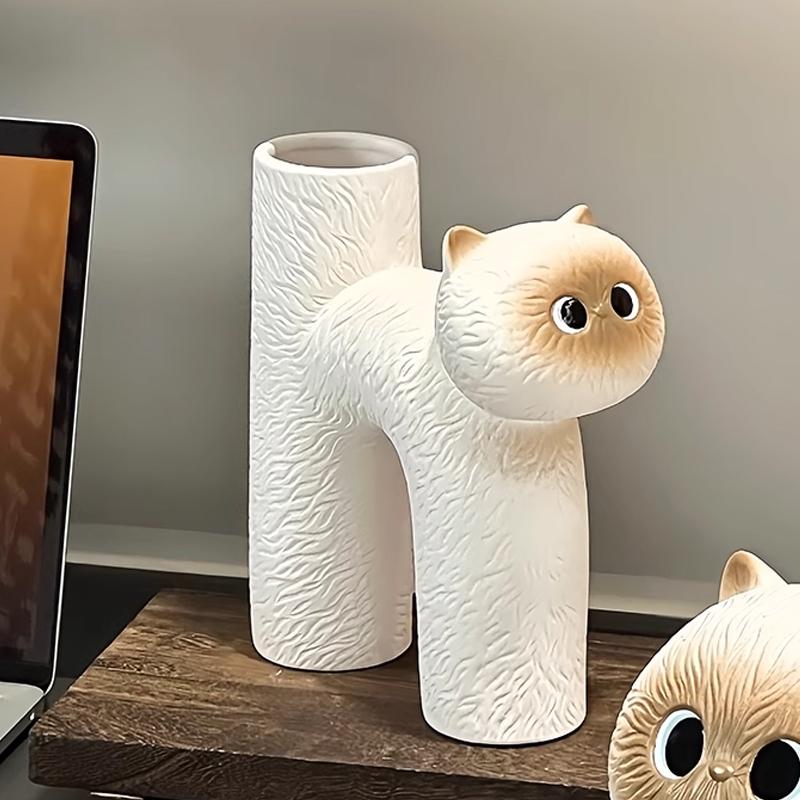 Nordic Ceramic Cute cat shape Minimalist Vase Home Dining Table Living Room Bedroom Office Tabletop Decoration, Flower Ware, 1Pc