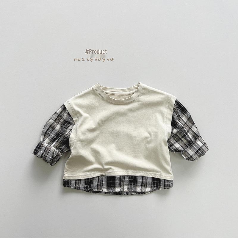 Kids' Plaid Color-Block T-Shirt~2025 Spring/Autumn Korean Mori Style Trendy for Boys & Girls