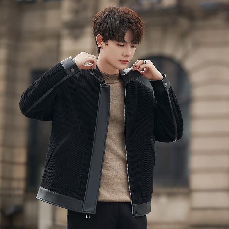 New jacket jacket men's spliced leather spring and autumn corduroy jacket lapel jacket top