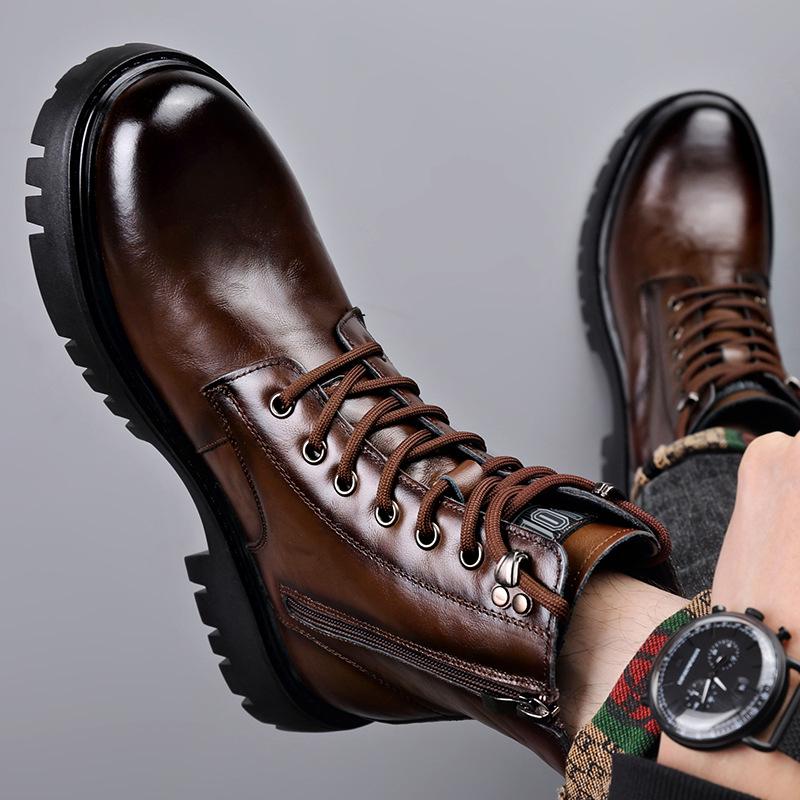 Men's Trendy Wool-Lined Cowhide High-Top Martin Boots with Side Zipper - Casual and Warm.